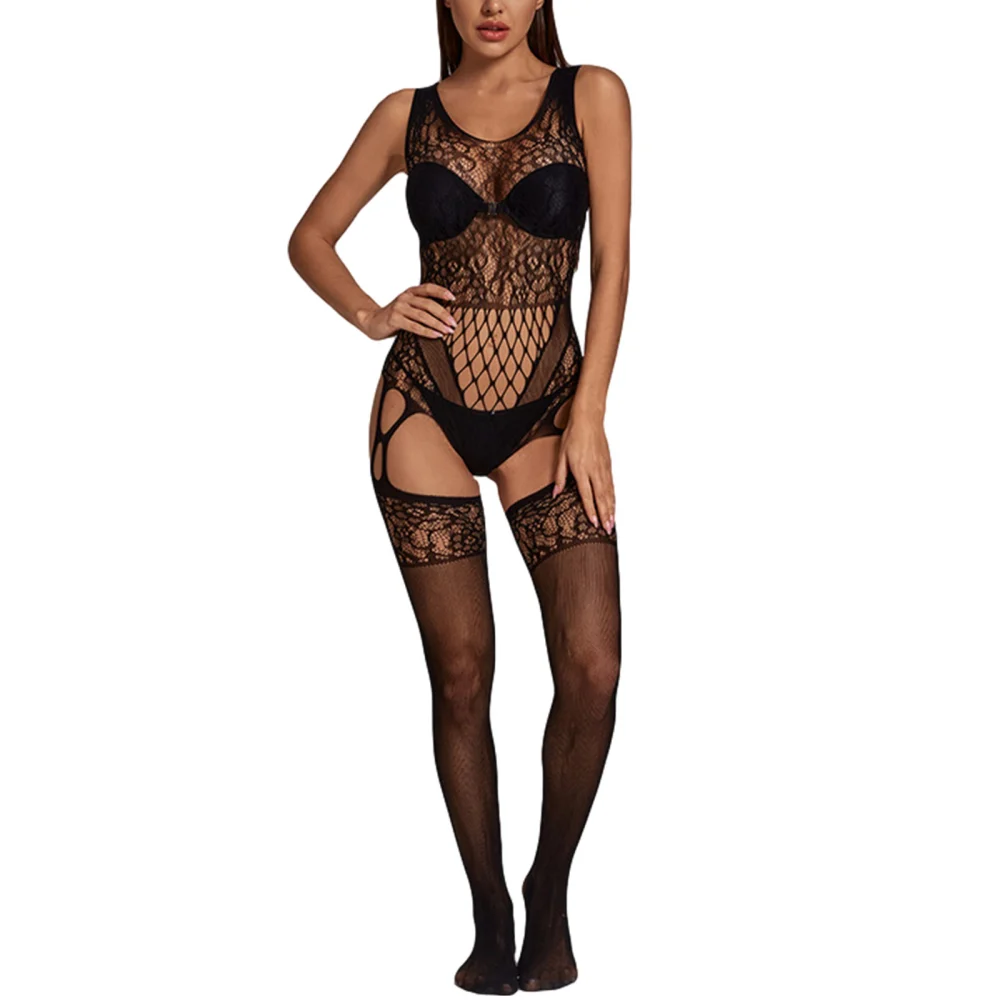 Women Sleeveless Sexy Lingerie, Reversible Hollow See-through Mesh U-shaped Neck Jumpsuit