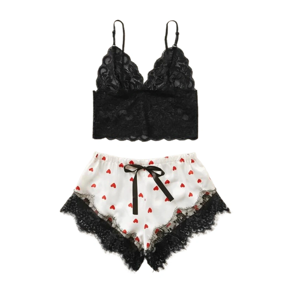 Women Casual Summer Sleepwear Suit, Floral Lace Solid Color Tops+Heart Printed Patchwork Shorts