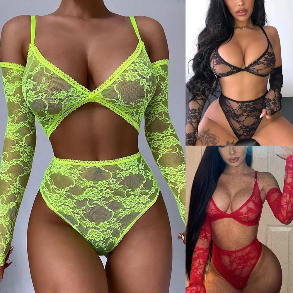 Four Piece Women’s Lingerie Set Sexy Solid Color Lace Bra and High Waist Panty with Separated Sleeves