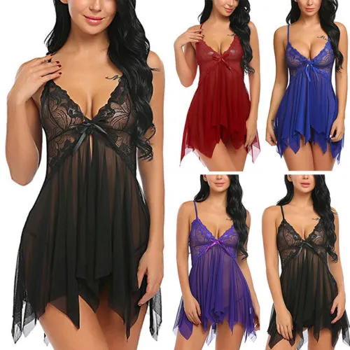 Women Summer Nightdress, Solid Color Sheer Spaghetti Strap Deep V-Neck Sleep Skirt for Girls, Blue/Black/Wine Red/Purple