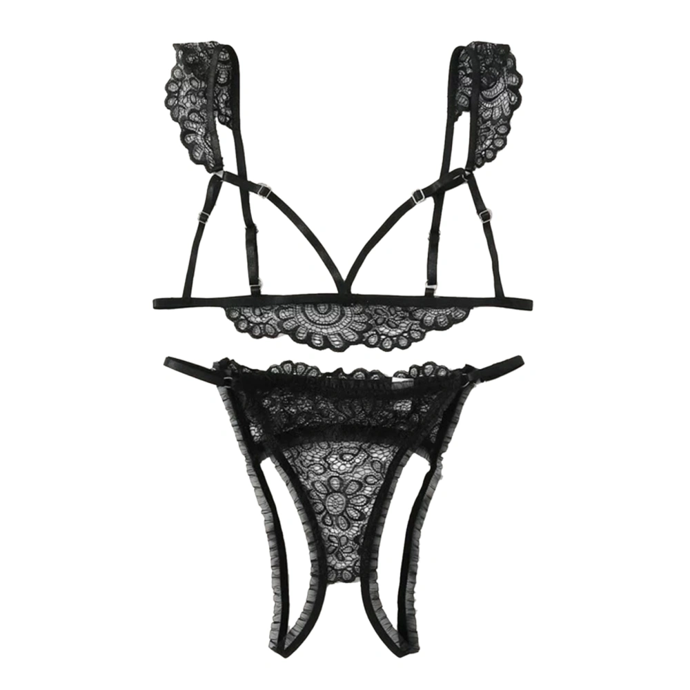 Women's Solid Color Sexy Lingerie Set, Full Hollowed Lace Strap Bra with Perspective Lace Flower Briefs