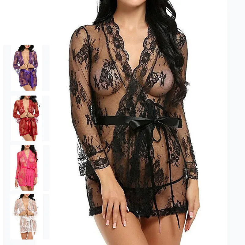 Women Transparent Robe Bathrobes Lace Sexy See Through Mesh Sleepwear G-string Erotic Lingerie Sets