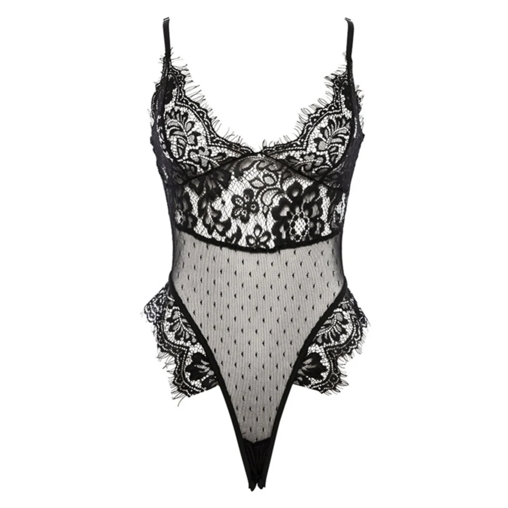 Women Sexy Lingerie Bodysuit, Lace Sexy Perspective Mesh Temptation Three-point Shape Costume