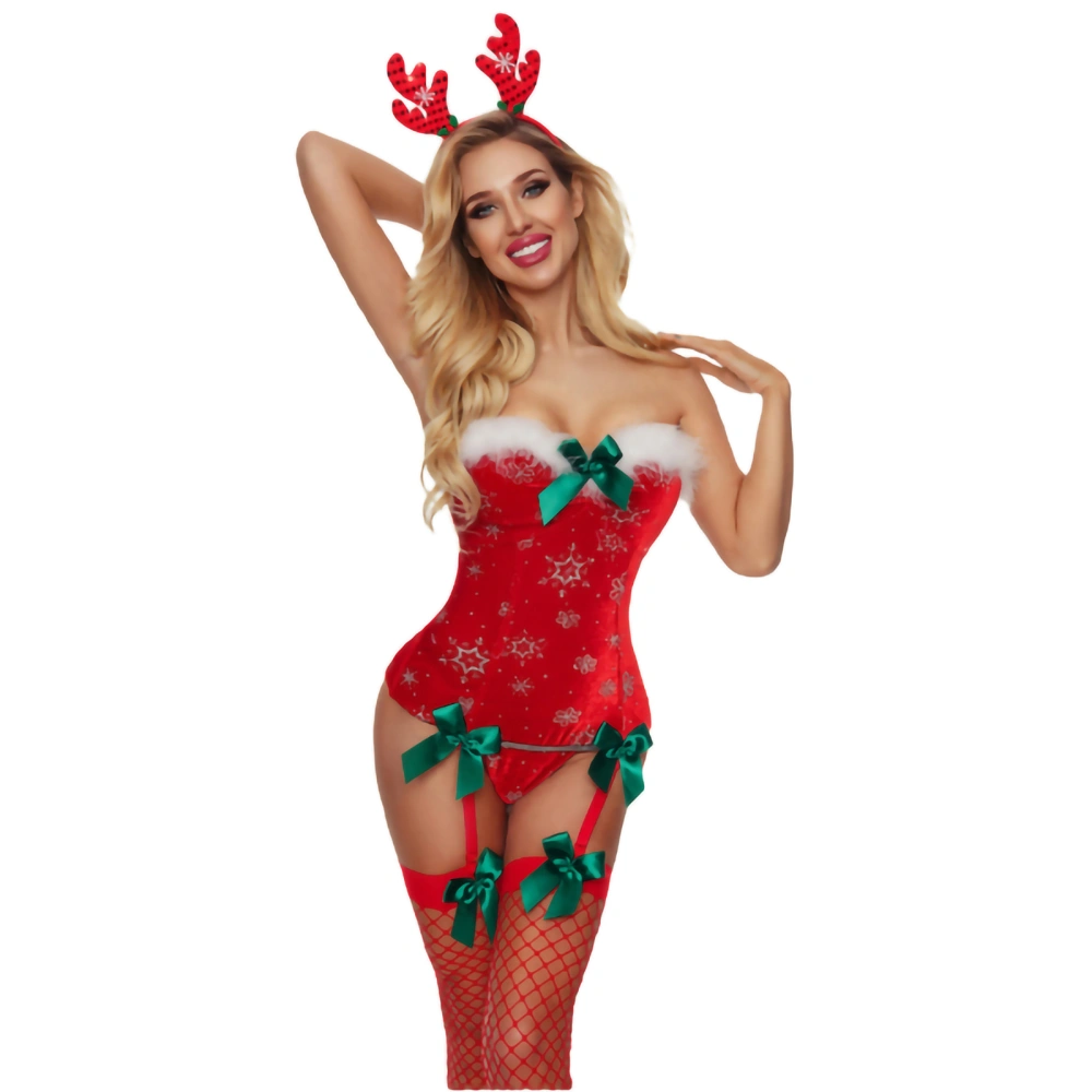 Women’s Sexy Christmas Lingerie Set with Corset, Thong, Fishnet Stockings and Antlers Headband