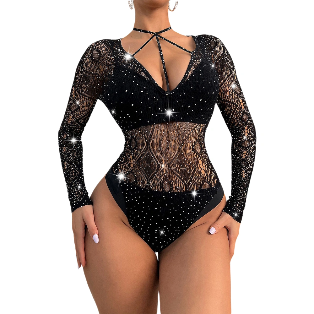 Women's Novelty Bodysuit, Diamond Printed Halterneck V-Neck Mesh See-Through Lingerie