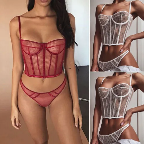 Women 2PCS Sexy Lingerie Set, Solid Color Sling Mesh See Through Crop Bra, Low Cut Sexy Mini Panty Set for Lovers, Couples