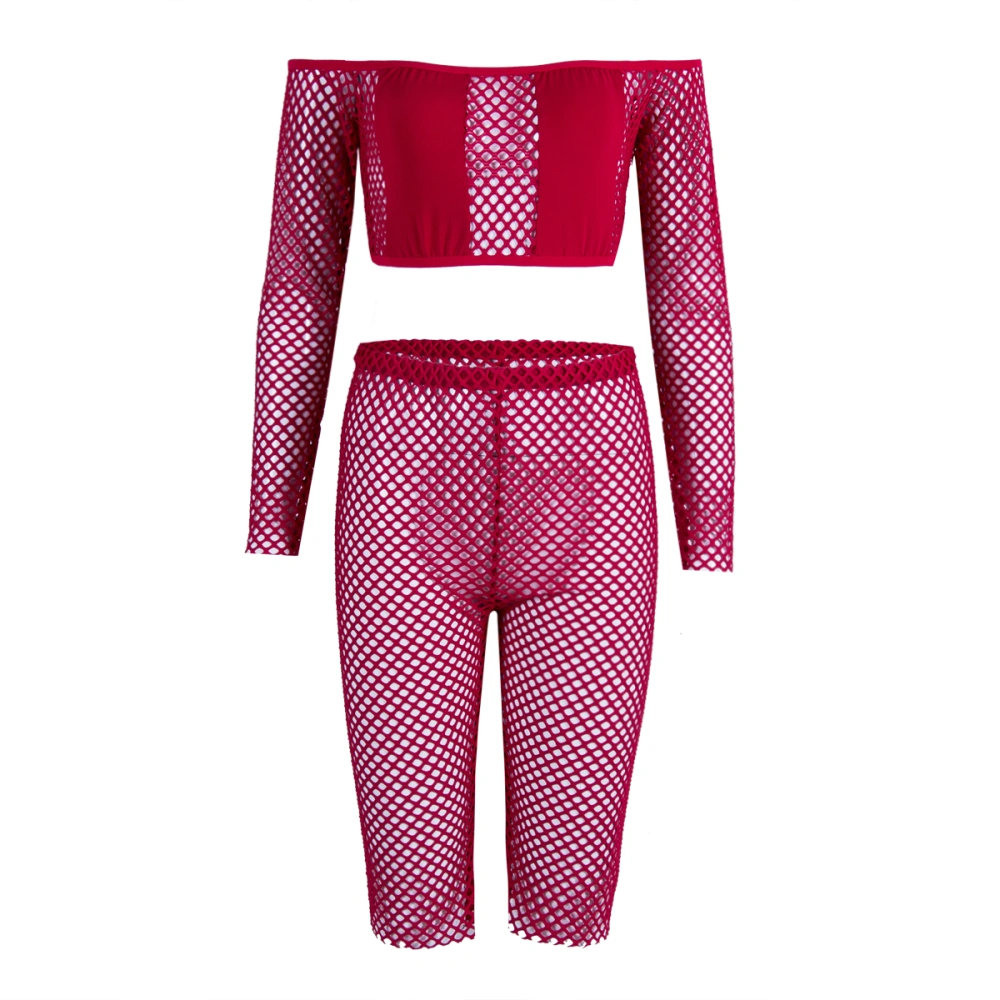 Women Sexy Lingerie Outfits Long Sleeve Off Shoulder Mesh See Through Fishnet Crop Top and Shorts