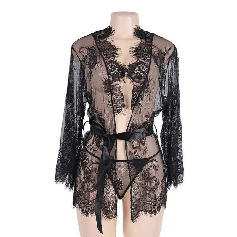 Women's Solid Color Perspective 3Pcs Night-robe Set, Long Sleeve Ruffled Lace Nightdress with Waistband and G-string Briefs