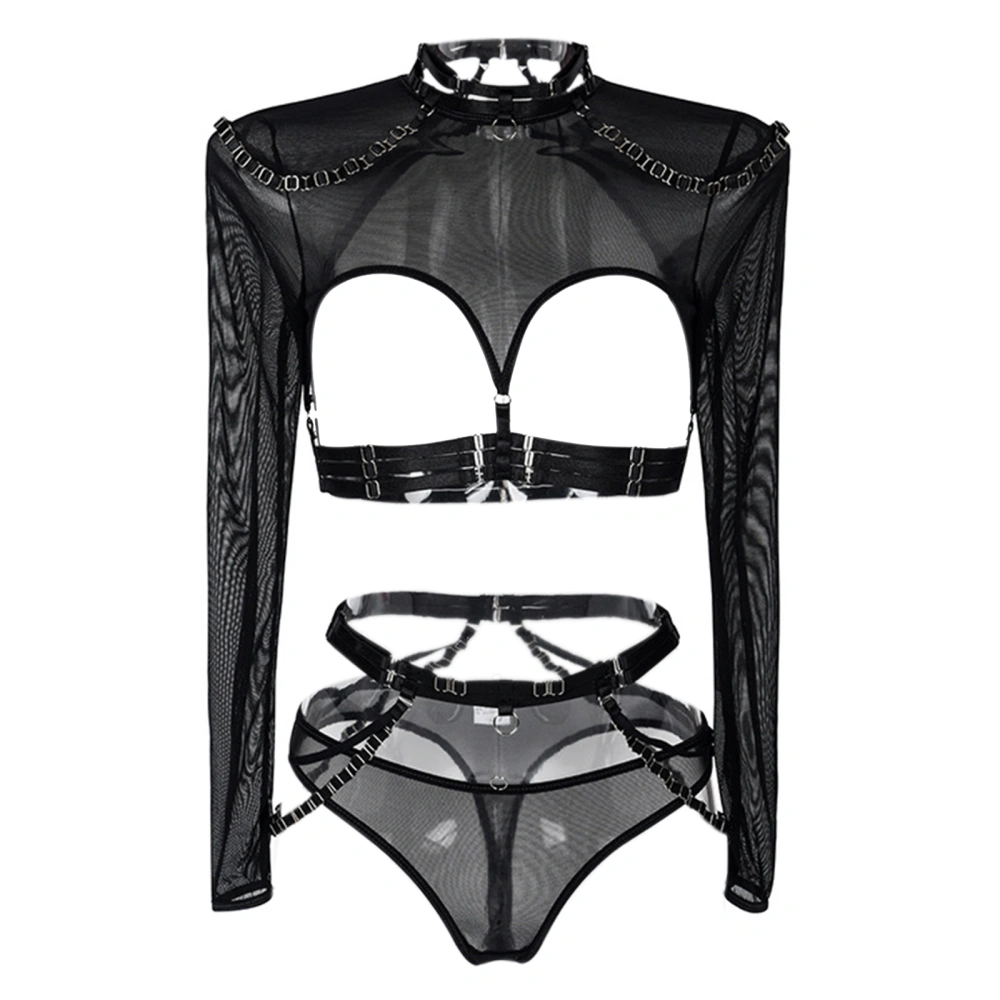 Women 4pcs Exotic Lingerie Set Mesh Sheer Long Sleeve Crop Tops and Thong Briefs with Collar Garter Belt Nightwear