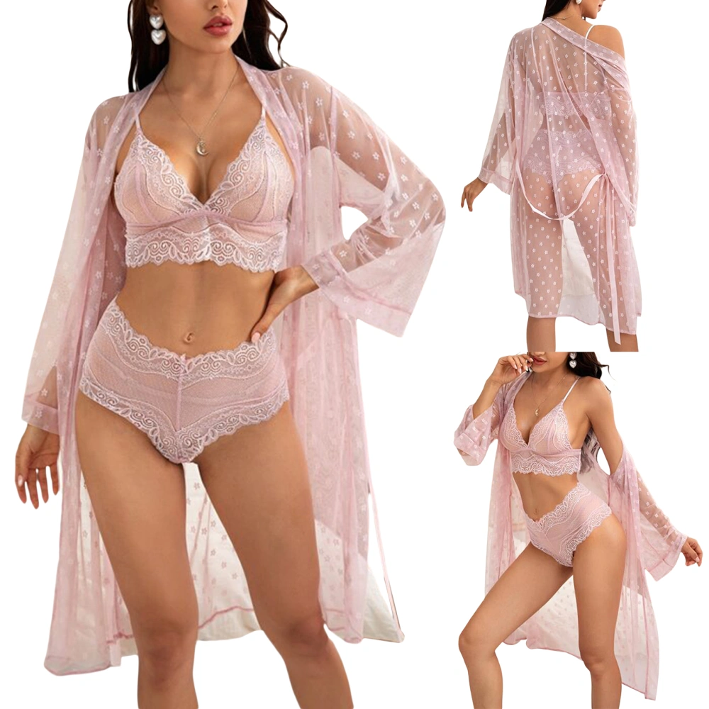 3Pcs Ladies Summer Sexy Underwear Set, Women Fashionable Flower Embroidery Lingerie Suit + Perspective Night Skirt Kit