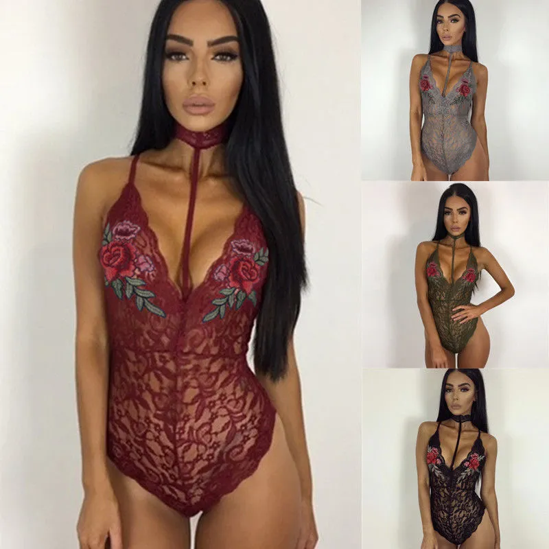 Women Sexy Lingerie Floral Embroidered Lace Bodysuit Deep V-neck Sleeveless Halter Jumpsuit