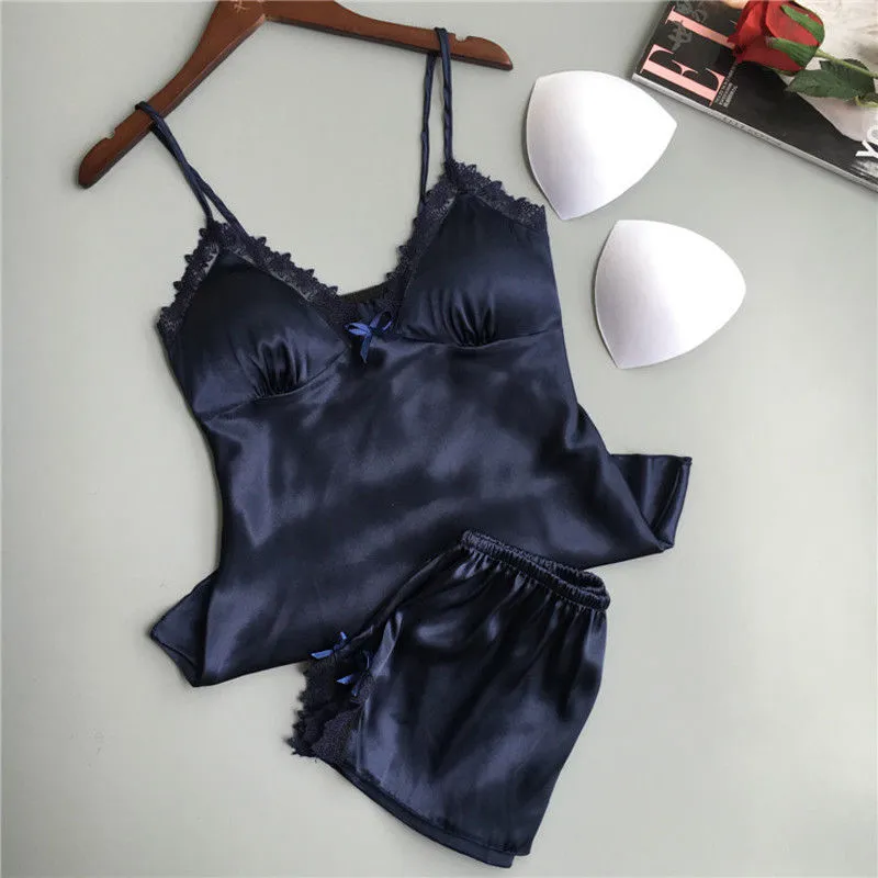 Women's Sexy Pajamas Set Lace Decoration Sleeveless Sling Top Solid Color High Waist Shorts Sleepwear Suit