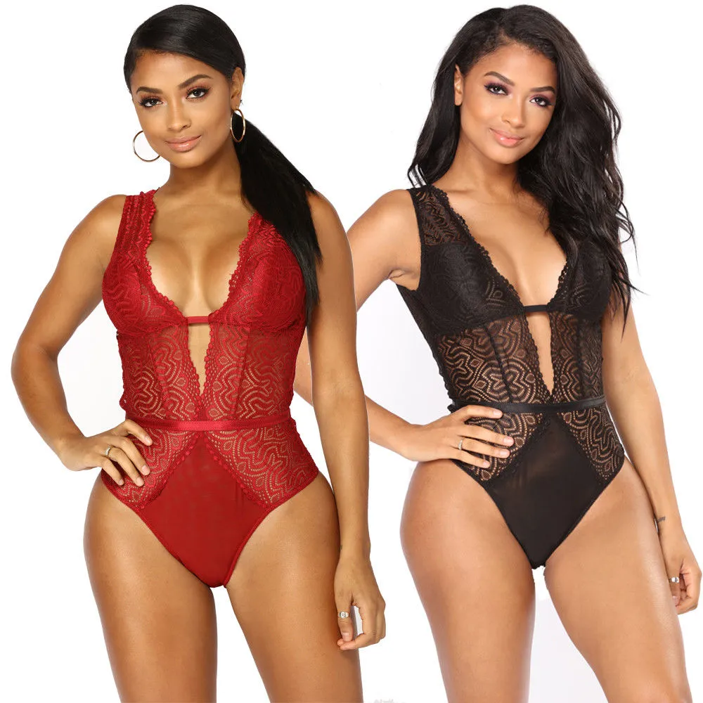 Women's Short One-Piece Lingerie, Deep V-Neck Sleeveless Lace Crochet Sleepwear Bodysuit