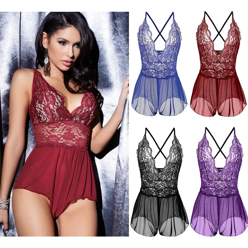 Women Sexy Lingerie Jumpsuit, Solid Color Lace Mesh Sheer Sleepwear, Sling Deep V-Neck Babydoll Nightwear