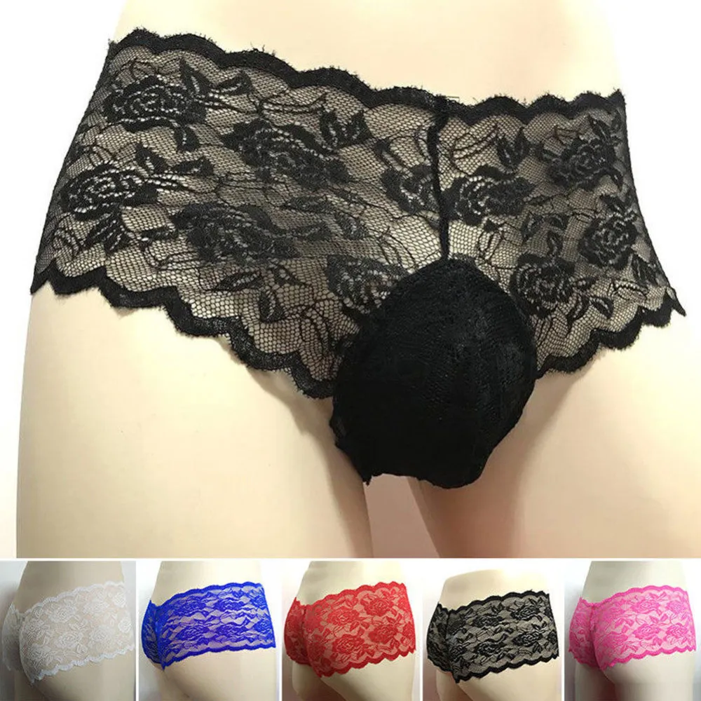 Men Lace Panties, See-through Ice Silk Boxer Briefs Pure Color Elastic Waist Bulge Pouch Erotic Thong