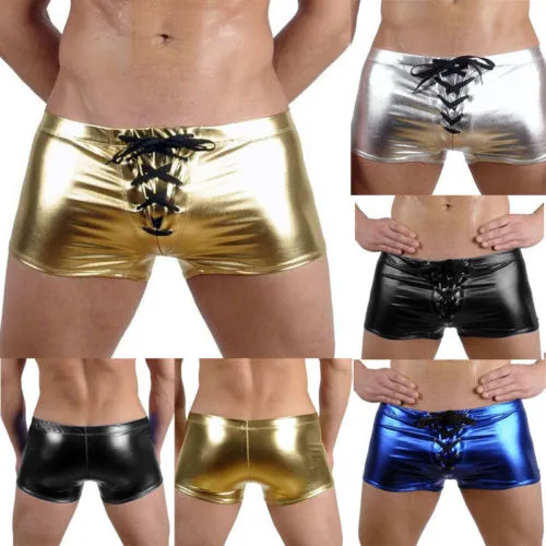 Men's Sexy Lingerie Gilded Patent Leather Boxer Luxury Bottoms Shiny Club Underwear Swimwear