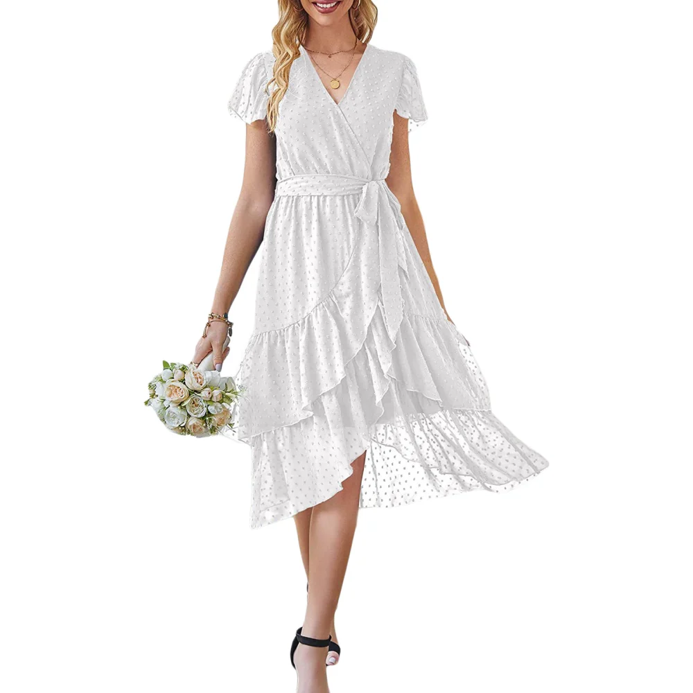 Women Summer Casual Midi Dress Swiss Dot V-Neck Fly Sleeve Tie-Up Belt Ruffles Dress Beach Holiday Chiffon Dress