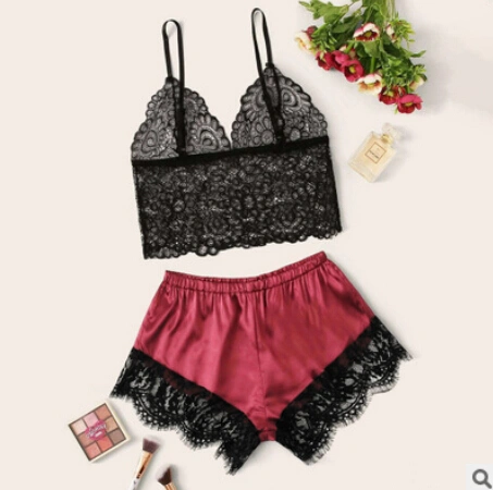 Women's Sexy Pajamas Set Lace Cami Top + Satin Shorts Strappy Babydoll Lingerie Nightwear Outfit