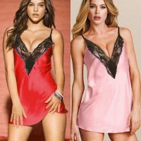 Women Sexy V-Neck Nightdress Ladies Satin Lace Mini Sling Nightgown Babydoll Lingerie Spaghetti Straps Sleepwear