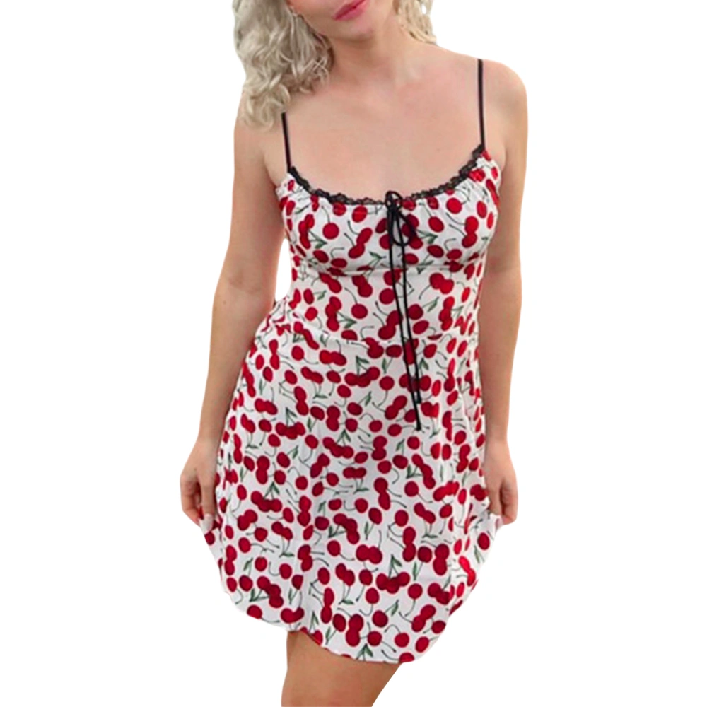 Women Sling Dress, Sleeveless Square Neck Cherry Print Lace Casual Party Spring Summer Dress, S-M-L