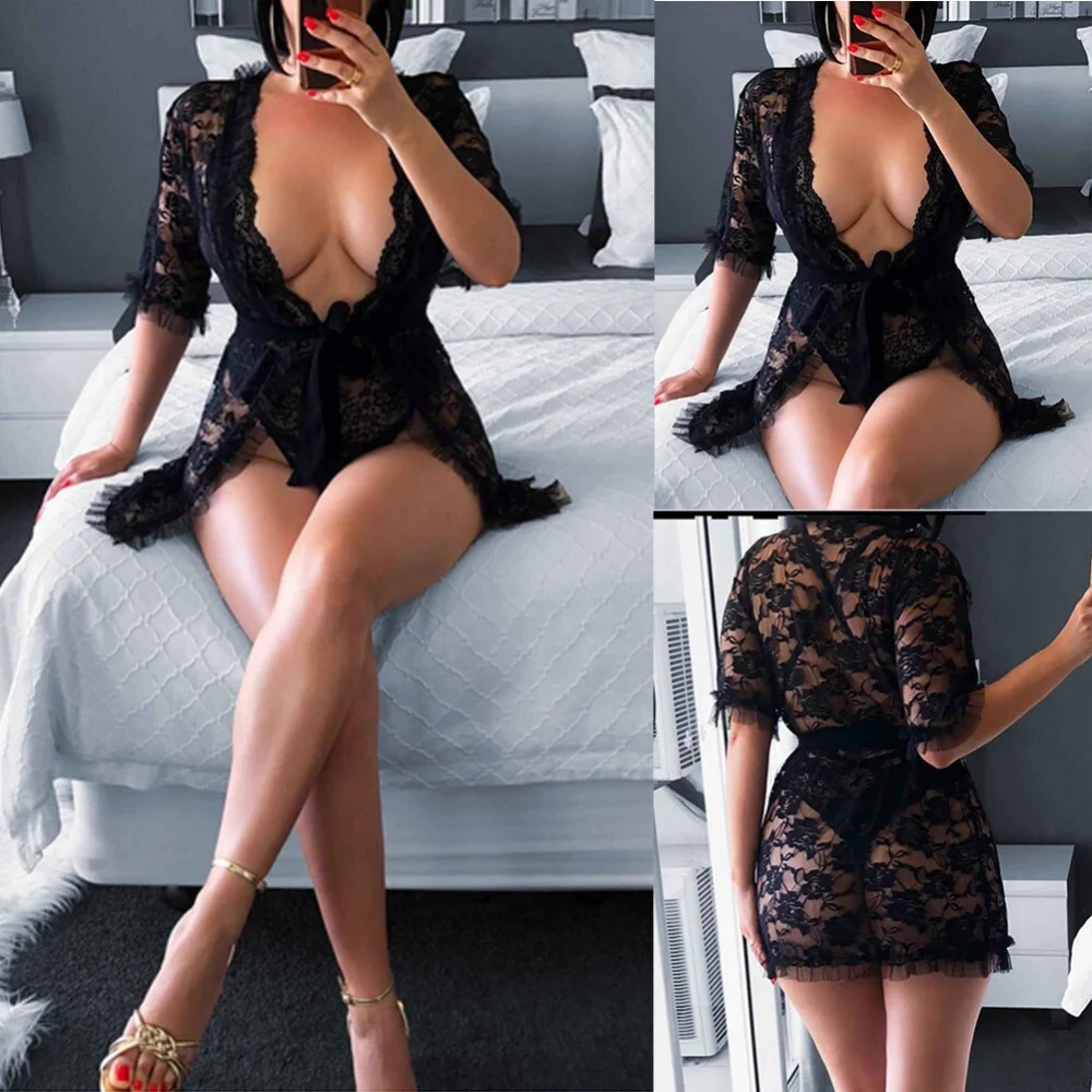 Women Sexy Solid Lingerie, One Piece Deep V-Neck Black Lace See Through Nightgown Dress