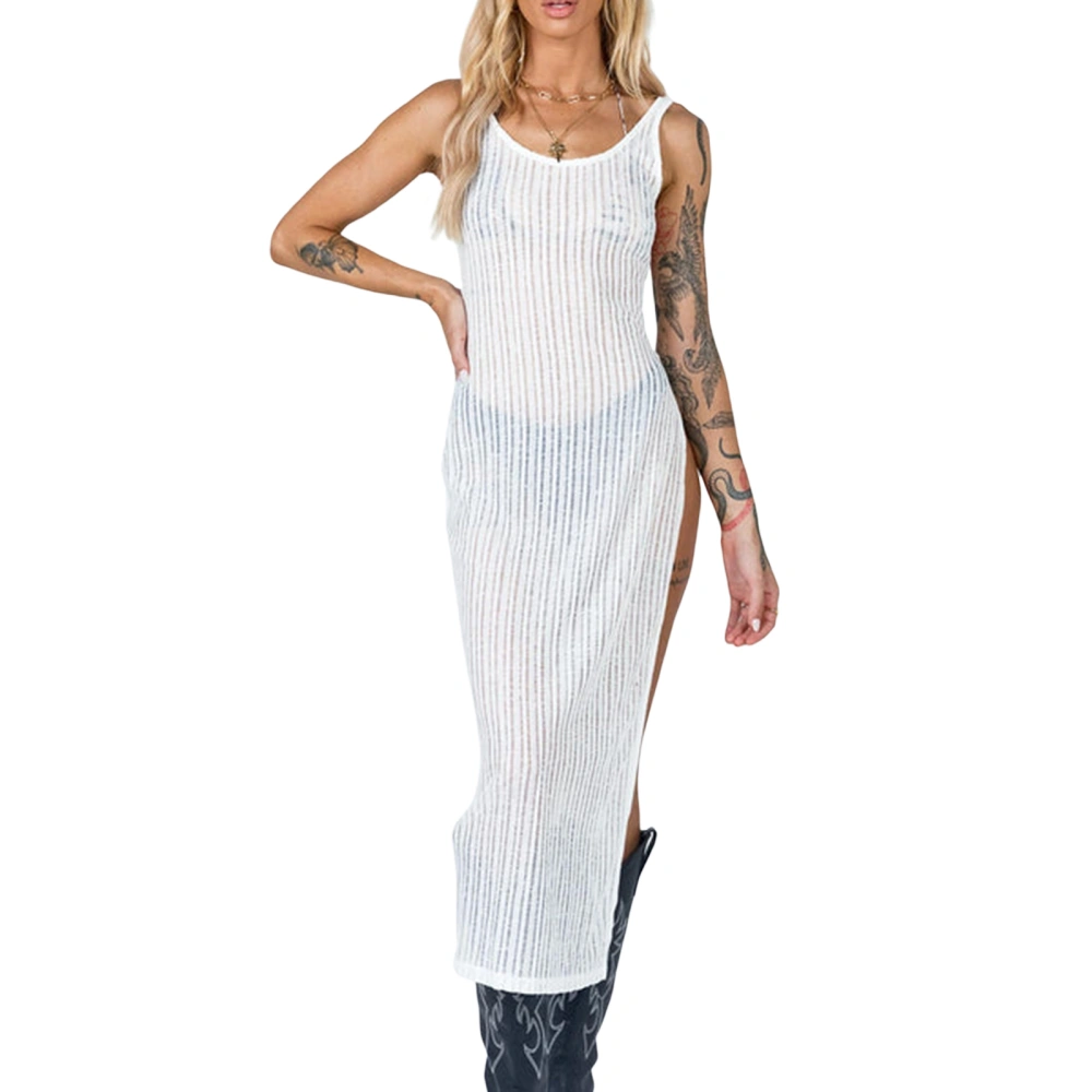 Women's Summer White Sleeveless O Neck High Split Midi Sheer Dress