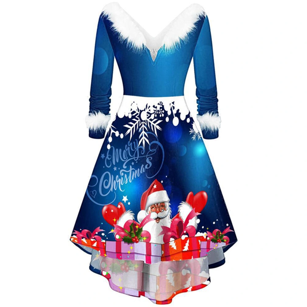 Women Christmas Midi Dress Faux Plush Splicing V-Neck Santa Elk Christmas Tree Snowflake Print Party Irregular Dress