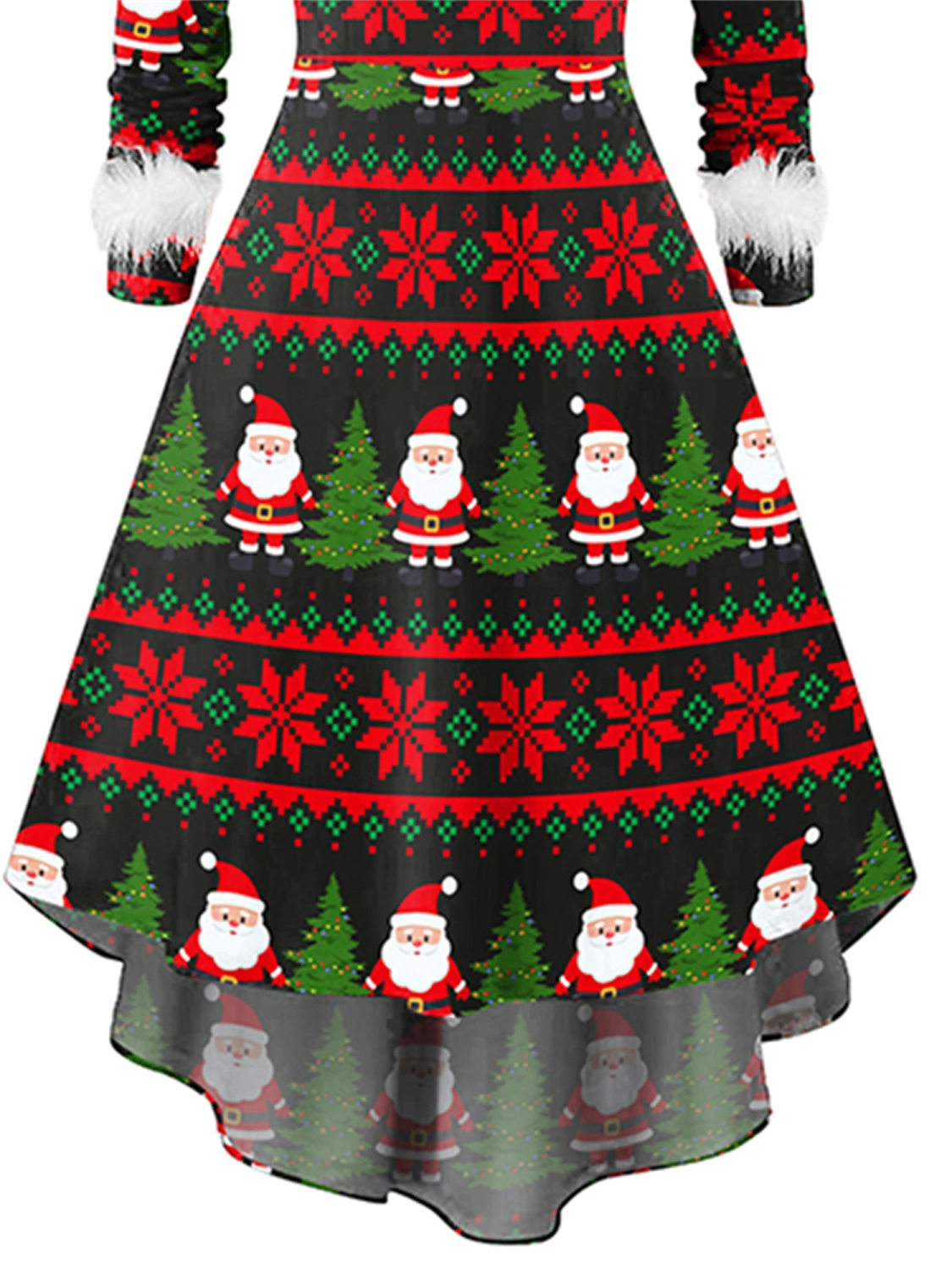 Women Christmas Midi Dress Faux Plush Splicing V-Neck Santa Elk Christmas Tree Snowflake Print Party Irregular Dress