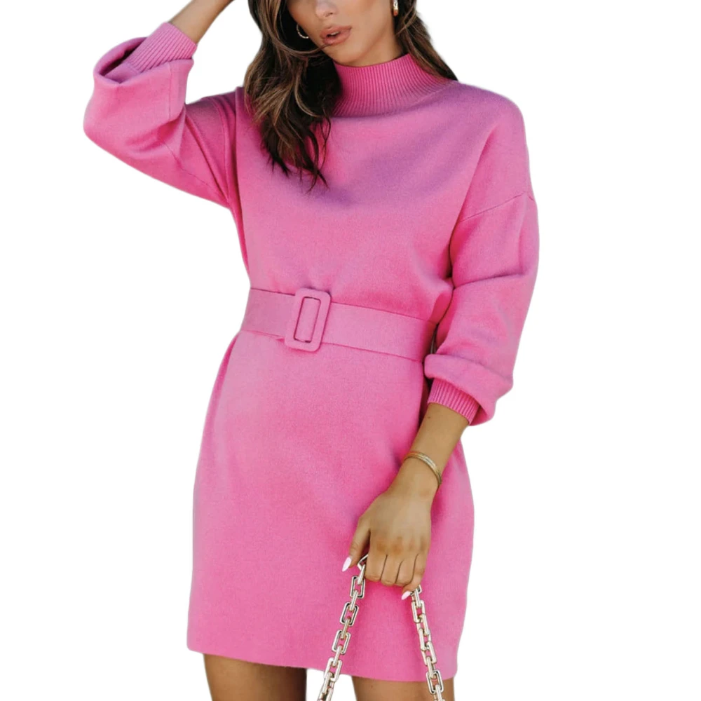 Women's Autumn Knitting Dress, Solid Color Long Sleeve High Neck Mini Short Bodycon Dress with Belt