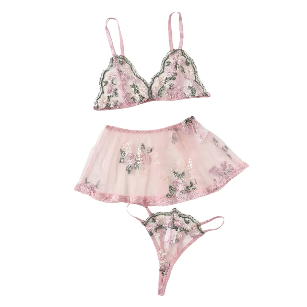 Women Mesh Lingerie Set, See Through Floral Embroidery Bra+Ruffle Hem Mini Skirt+Elastic Waist Panties