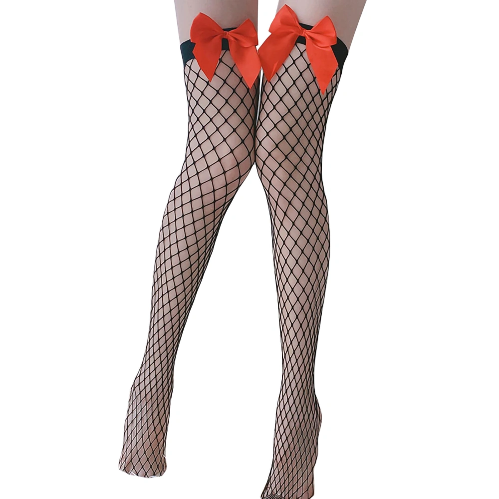 Women Fishnet Thigh High Stockings, Sheer Over The Knee Socks with Satin Bow for Dress Skirt