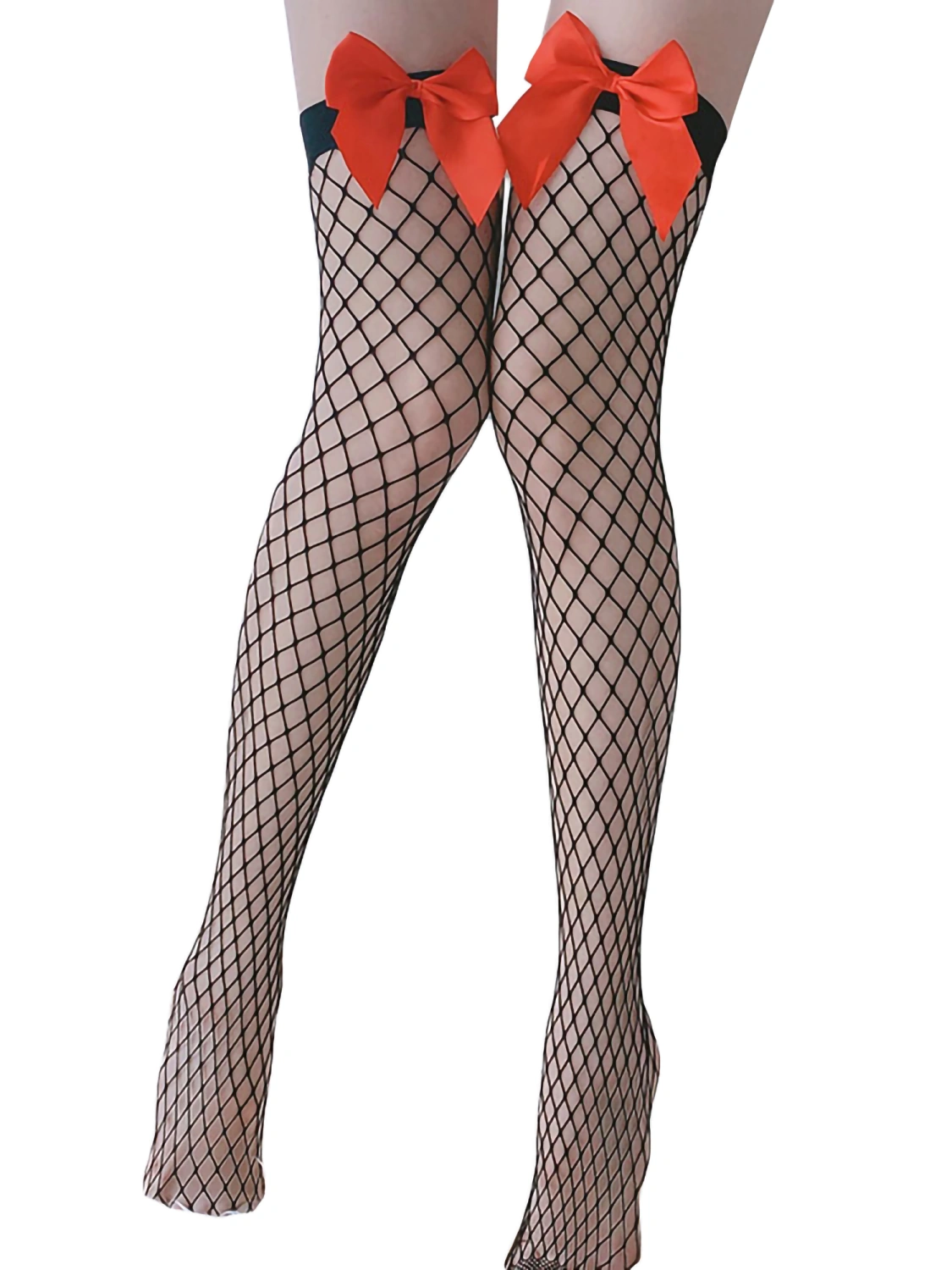 Women Fishnet Thigh High Stockings, Sheer Over The Knee Socks with Satin Bow for Dress Skirt