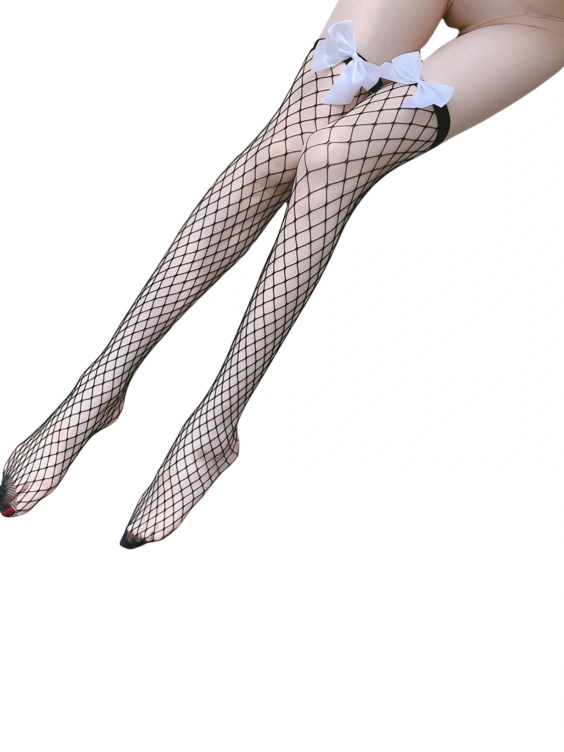Women Fishnet Thigh High Stockings, Sheer Over The Knee Socks with Satin Bow for Dress Skirt