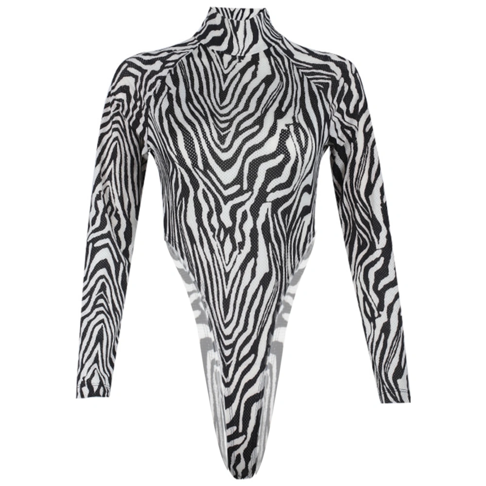 Women Casual Zebra Jumpsuit, Long Sleeve Turtle Neck Tight Triangle Crotch Playsuit for Summer Spring, Women Clothing