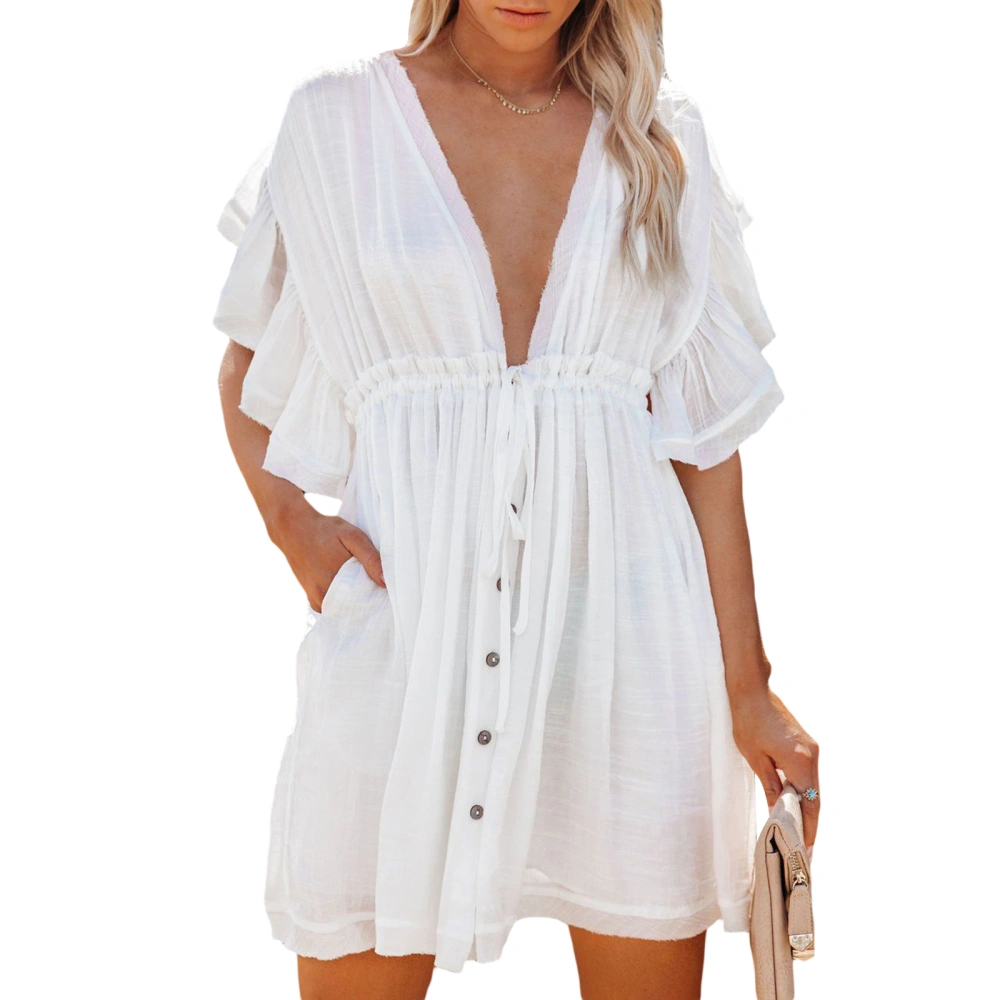 Women Slimming Beach Dress, Short Sleeve Deep Neck Solid Color Summer Party Casual Drawstring Midi