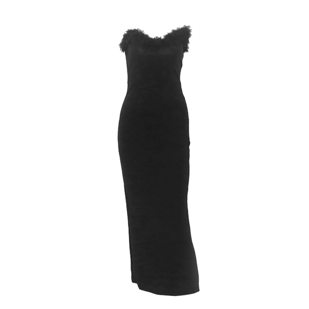 Women Midi Bodycon Tube Dress Solid Color Feather Trim Strapless Wrap Chest Backless Cocktail Dress Party Club Skinny Dress