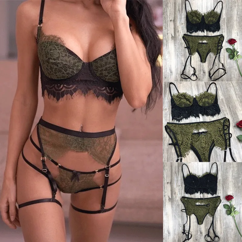 Women Transparent Lace Bra+Panties+Suspender, Sheer Floral Lace Sexy Lingerie Sets