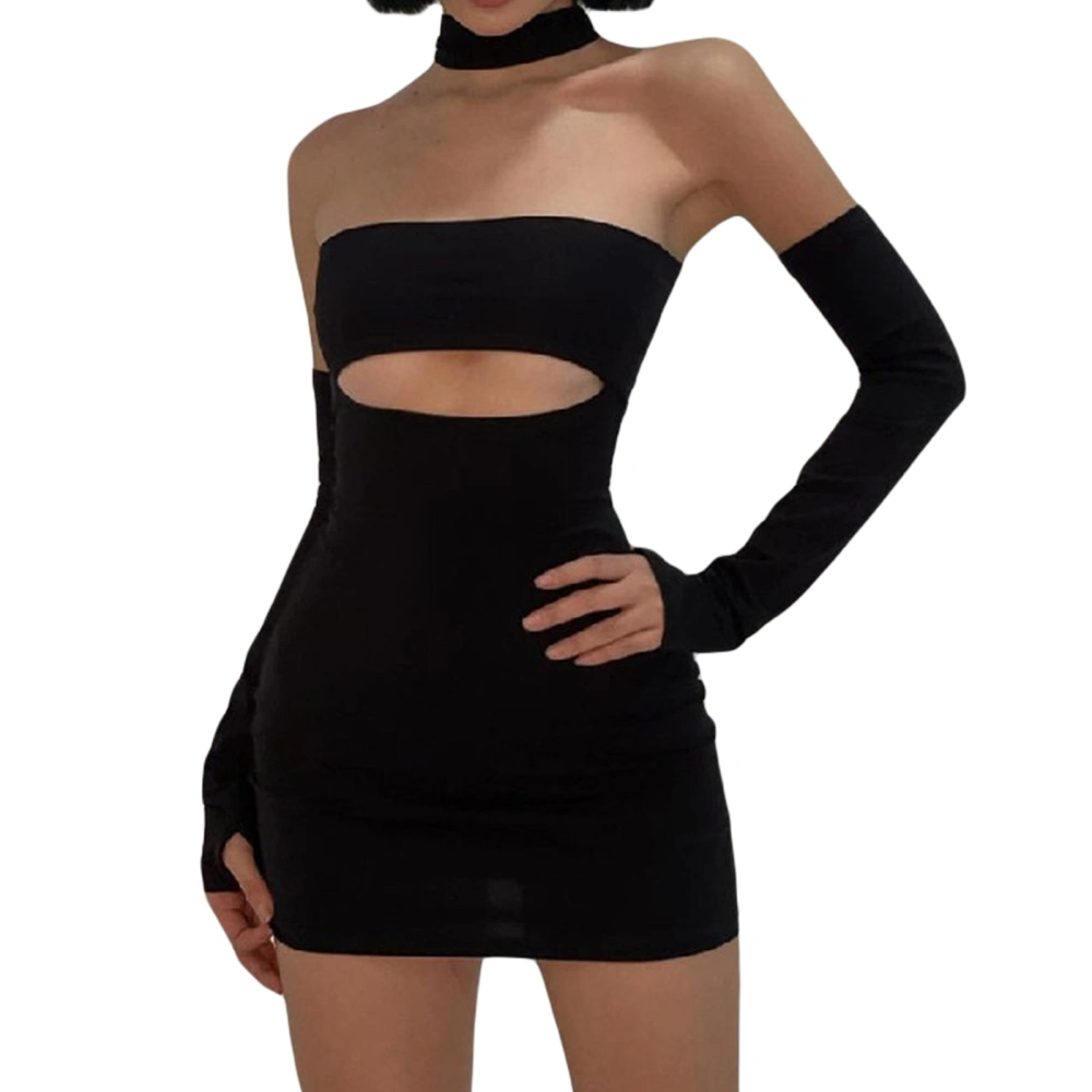 Women Wrapped Dresses, Sleeveless Off Shoulder Hanging Neck Cutout Casual Party Short Midi with Arm Sleeve, Black