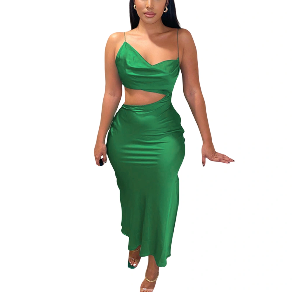 Women Hollow Out Elegant Dress, Green Solid Color Cowl Neck Spaghetti Strap Wrap Skirt