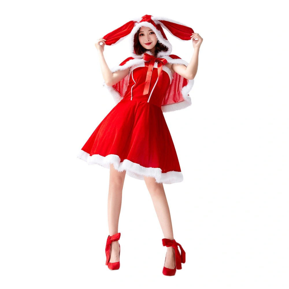 Christmas Women Dress Set, Sleeveless Patchwork A-line Dress with Rabbit Ears Hooded Cloak