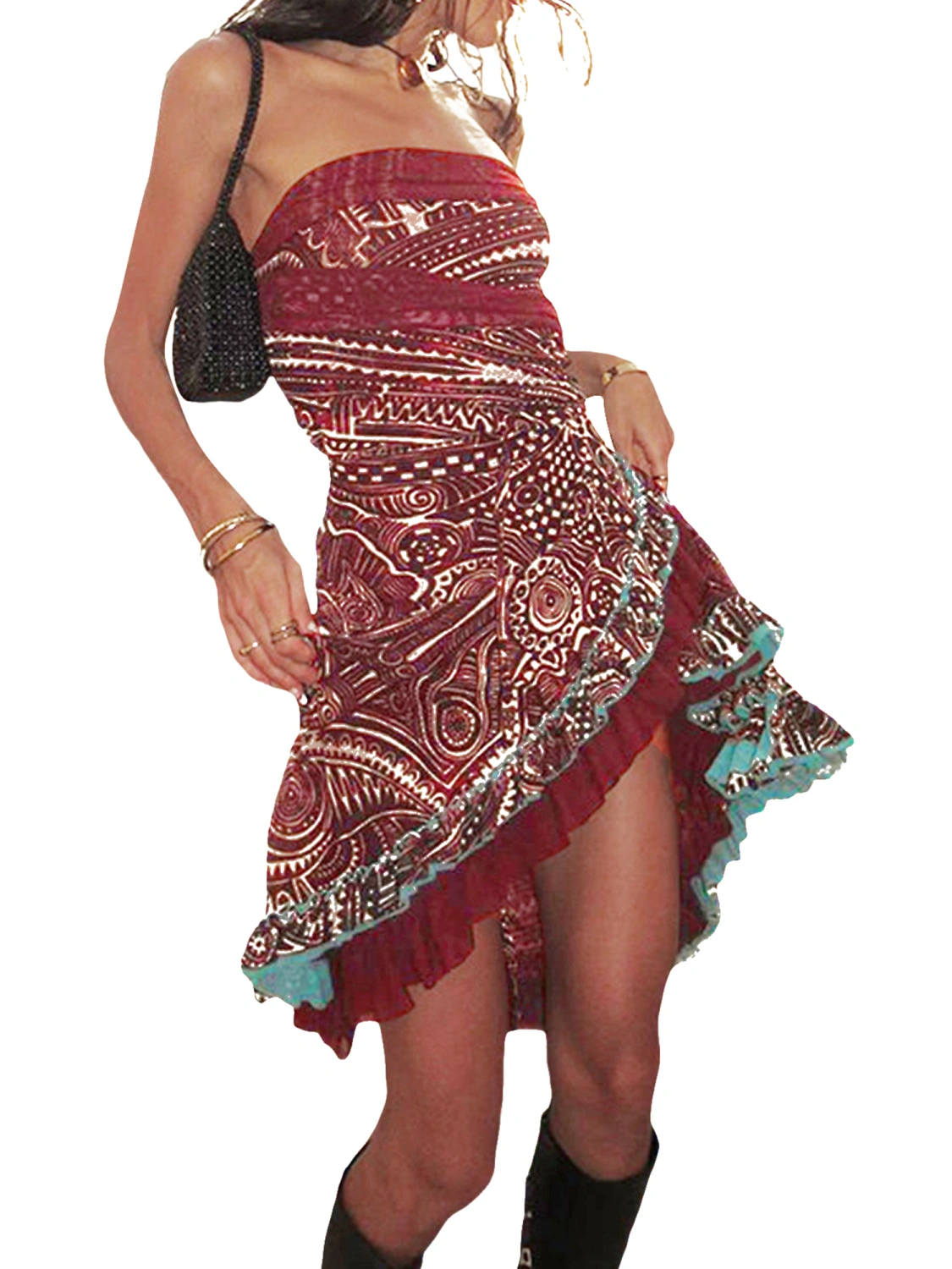 Women Vintage Print Tube Dress Irregular Ruffles Boat Neck Strapless Bodycon Dress Summer Backless Party Midi Dress