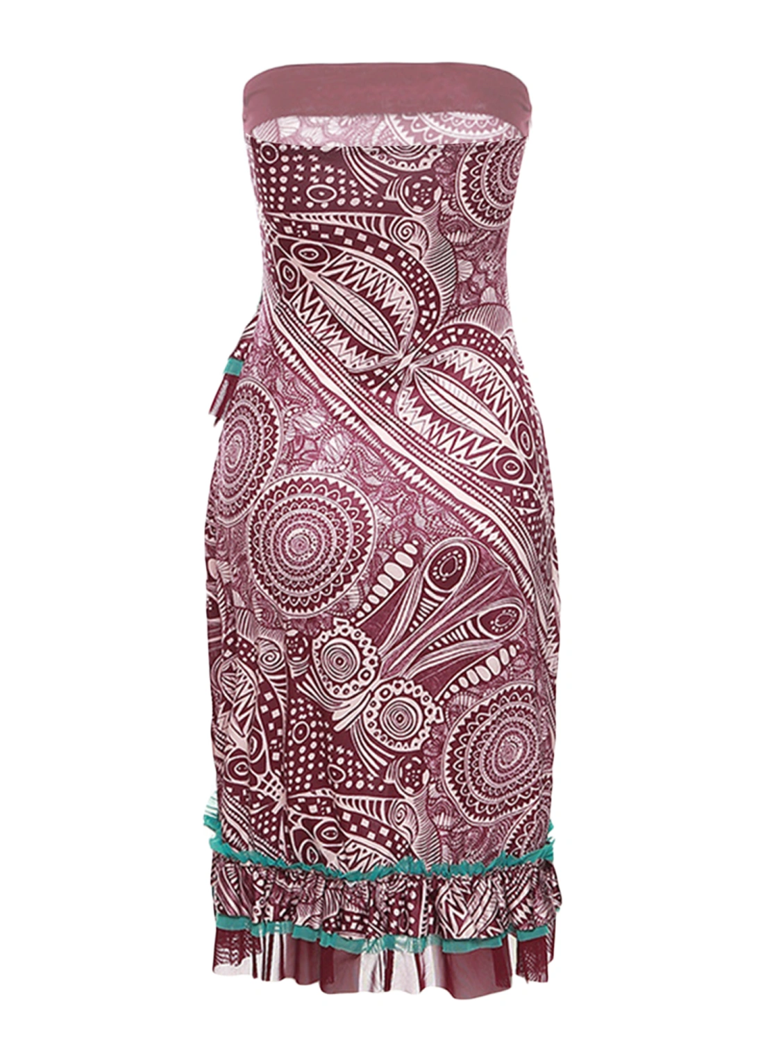 Women Vintage Print Tube Dress Irregular Ruffles Boat Neck Strapless Bodycon Dress Summer Backless Party Midi Dress