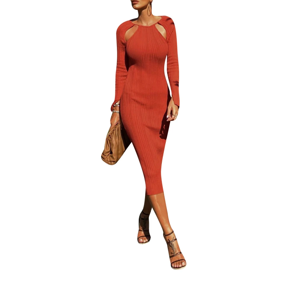 Women Fall Casual Knitted Dress, Solid Color Cutout Round Neck Long Sleeve Fitted Knit Dress for Ladies, Brick Red