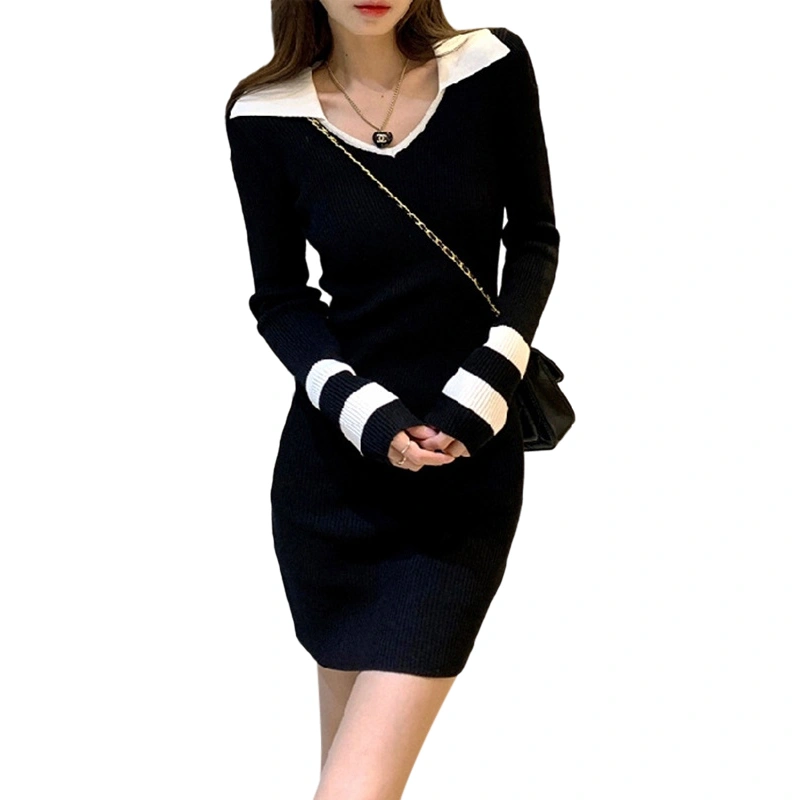 Women Long Sleeve Knitted Dress Casual Contrast Color V-neck Party Dress for Beach Club Streetwear