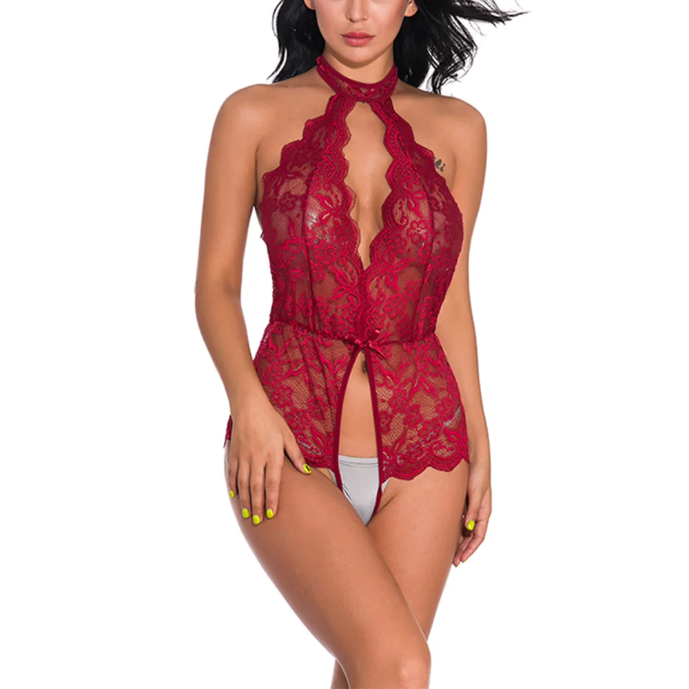 Women Sexy See Through Bodysuit, Neck Strap Sleeveless Low Cut Tight Waist Bodysuit with Thongs