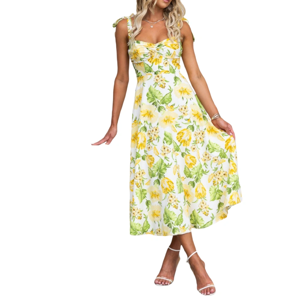 Women's Summer Midi Dress, Sleeveless Tie Shoulder Strap Floral Print Flowy A-Line Dress