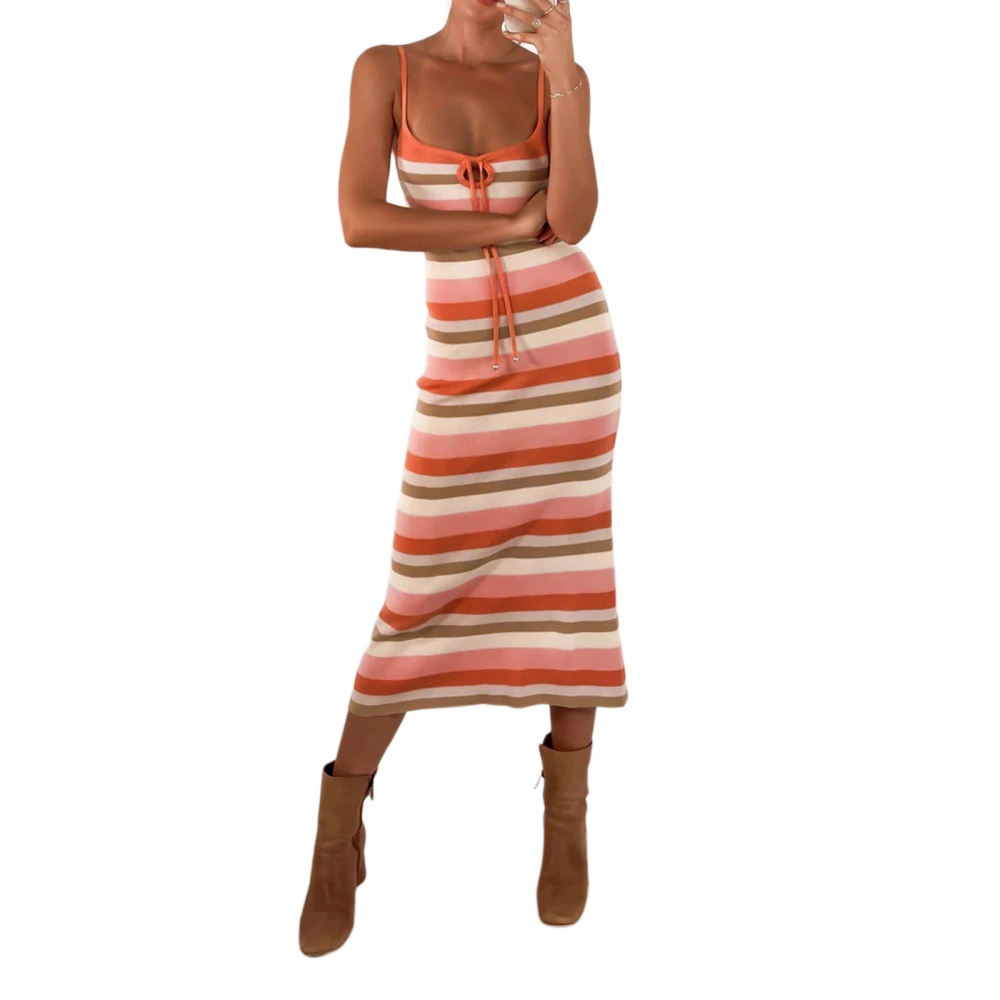 Women's Long Suspender Dress, Sleeveless Stripes Tie-Up Dress