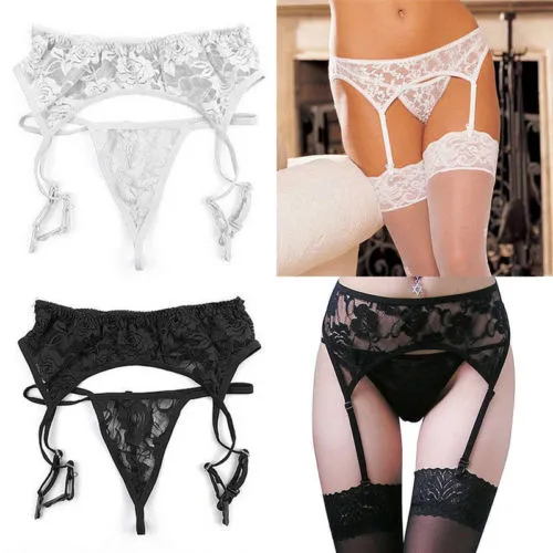 3Pcs Women Lace Sexy Lingerie Set G-String Garters Fishnet Thigh High Stockings See Through Knee Length Socks