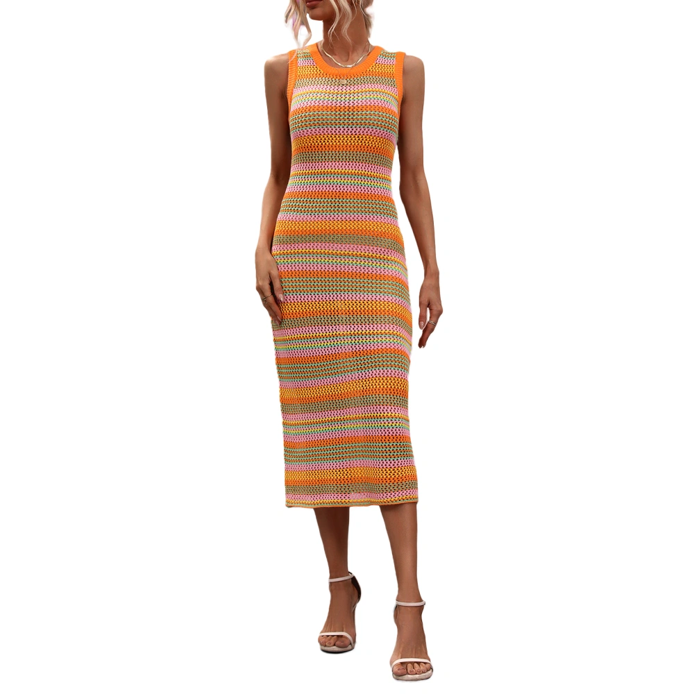 Women Summer Tank Dress Casual Sleeveless Stripes Crochet Beach Party Dress for Club Streetwear