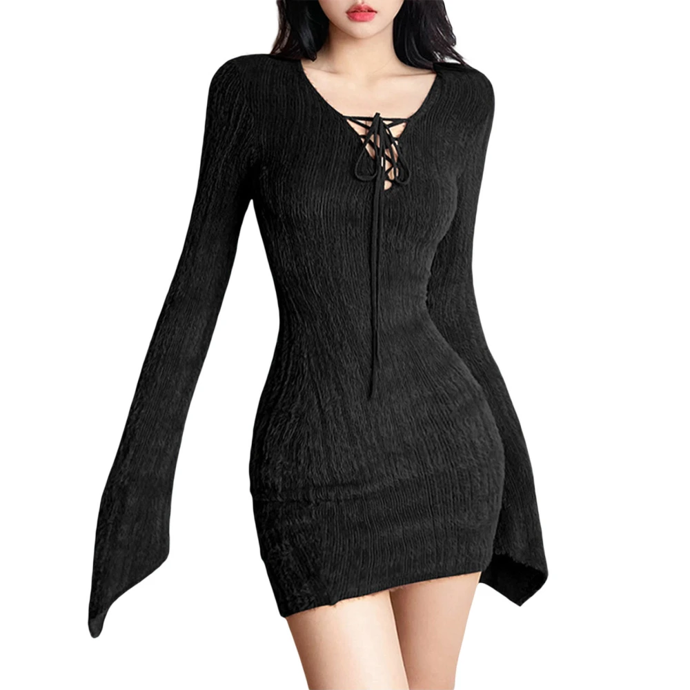 Women&acute;s Spring Autumn Short Dress Solid Color Long Sleeve V Neck Tie Up Slim Dress